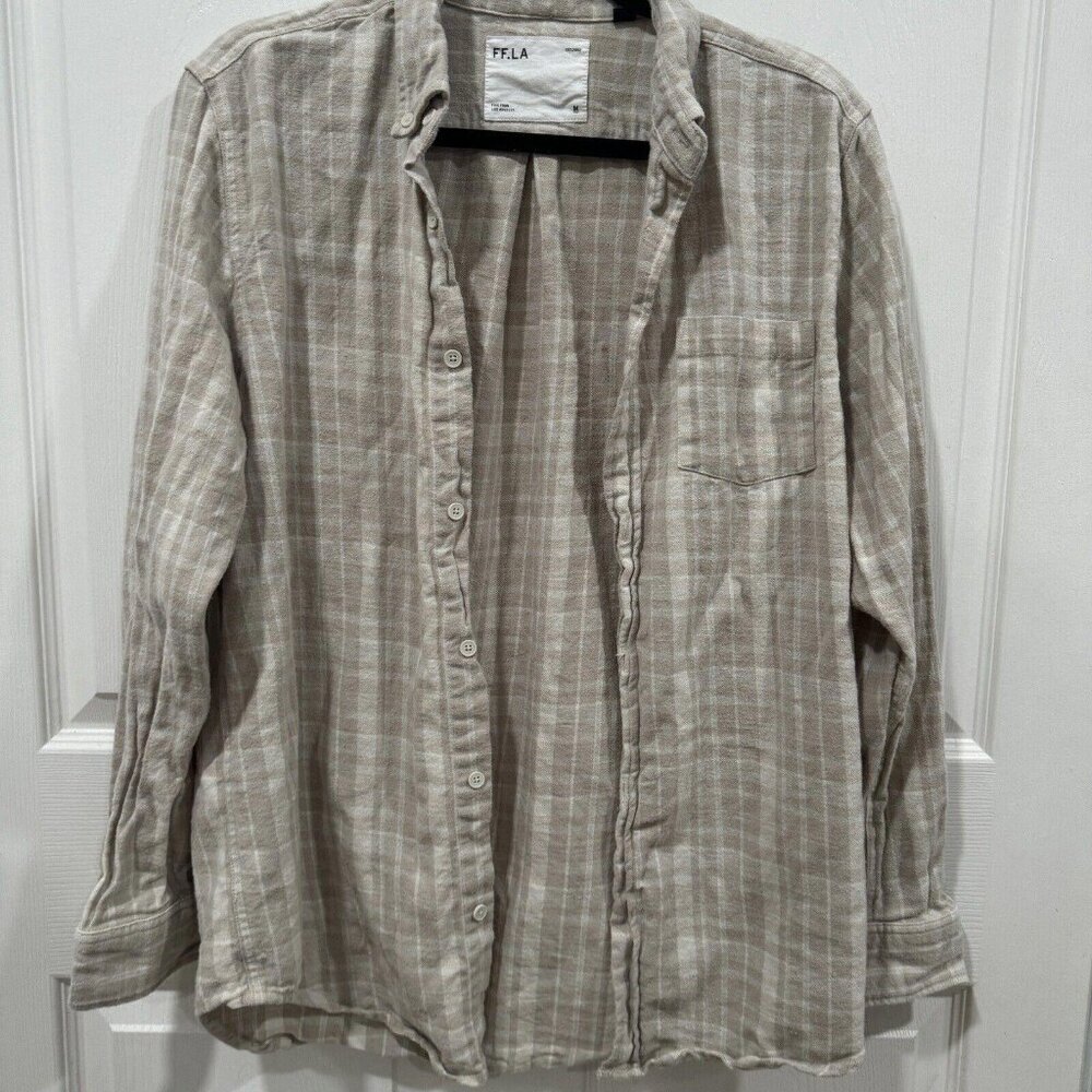 FIVE FOUR LOS ANGELES Shirt Mens Medium M Biege Plaid Flannel Button Long Sleeve - Picture 2 of 7